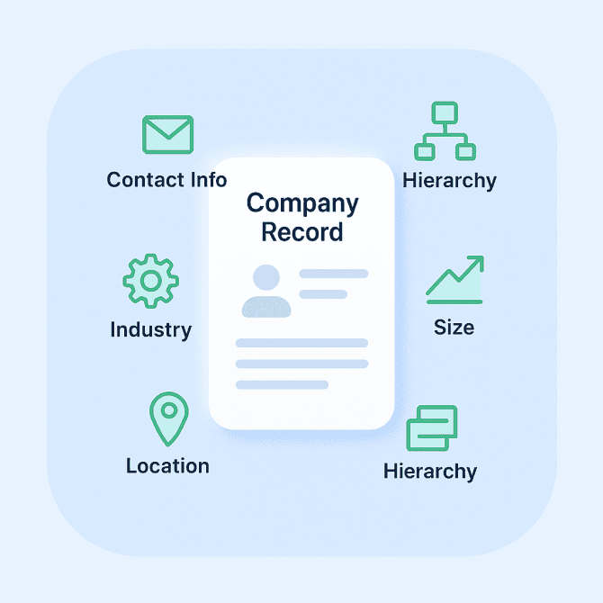 Flat 2D digital illustration in CompanyData.com blue and green brand style showing a “B2B Lead” profile surrounded by icons for contact info, industry, location, size, and hierarchy.
