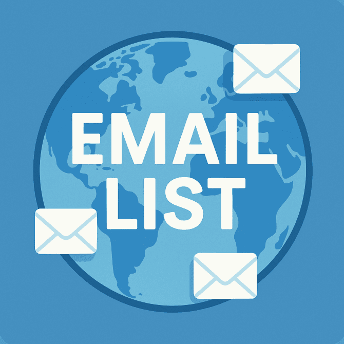 Global email list illustration with a world map and envelope icons in a clean, rounded-edge blue design.