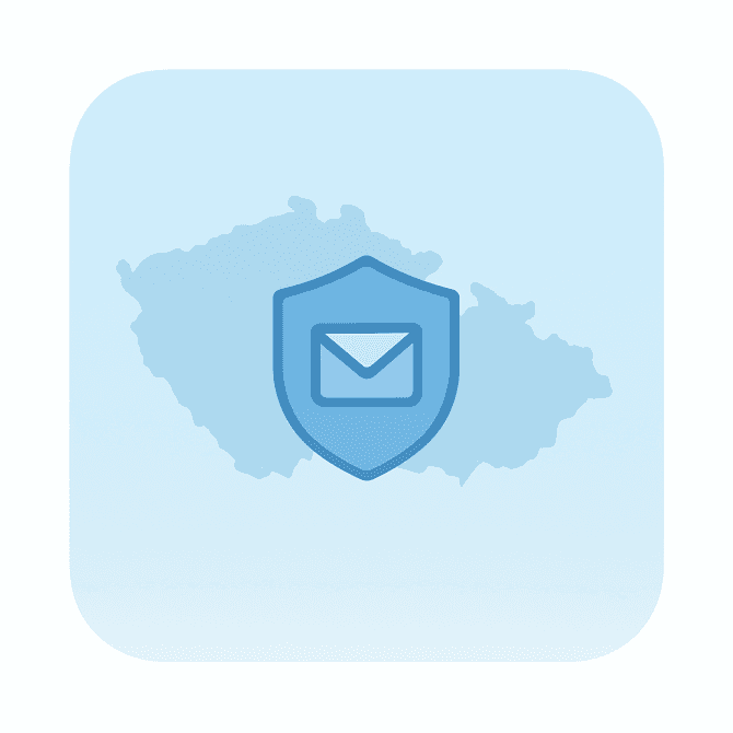 Flat digital illustration in CompanyData.com blue brand style showing a clean map of the Czech Republic with a compliance shield icon, symbolizing verified and compliant business email data.
