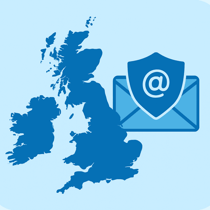 Minimal blue illustration showing the map of the United Kingdom with an email icon and shield symbol, representing verified UK business email lists.