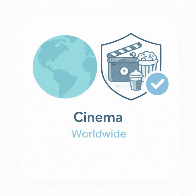Minimal illustration showing a world globe and a cinema clapperboard icon with a trust checkmark, representing a verified overview of cinemas worldwide.