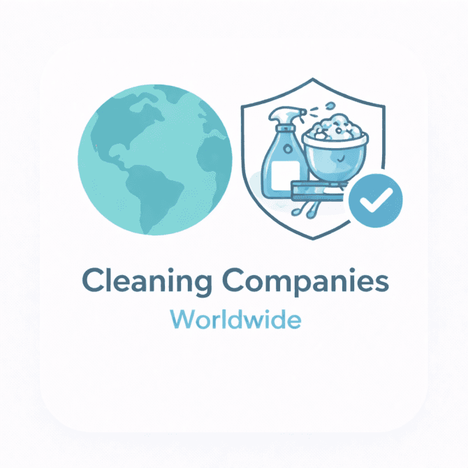 Minimal illustration showing a world globe and cleaning tools icon with a trust checkmark, representing a verified overview of cleaning companies worldwide.