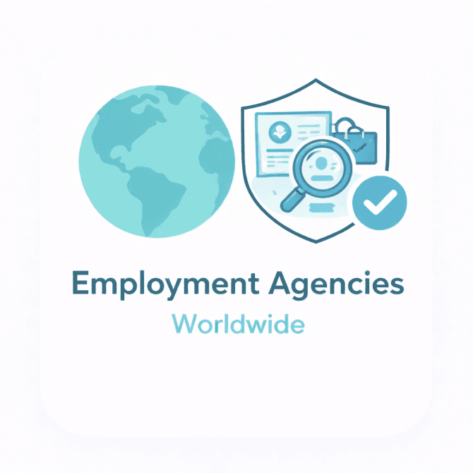 Minimal illustration showing a world globe and an employment agency icon with a trust checkmark, representing a verified overview of employment agencies worldwide.
