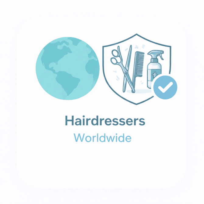 Minimal illustration showing a world globe and a hairdressing icon with a trust checkmark, representing a verified overview of hairdressers worldwide.