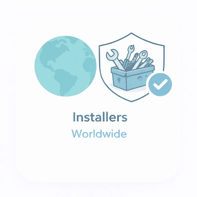 Minimal illustration showing a world globe and installer tools icon with a trust checkmark, representing a verified overview of installers worldwide.