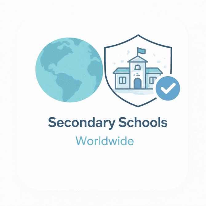 Minimal illustration showing a world globe and a secondary school building icon with a trust checkmark, representing a verified overview of secondary schools worldwide.