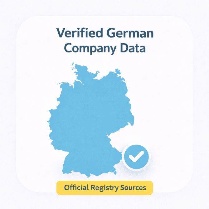Minimal illustration showing a map of Germany with a verification checkmark and an “Official Registry Sources” label, representing a trusted list of top companies in Germany.