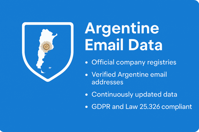 Flat 2D digital illustration in blue CompanyData.com style showing a shield icon and an Argentina map, symbolizing verified and compliant business email data with three short bullet points below the title.