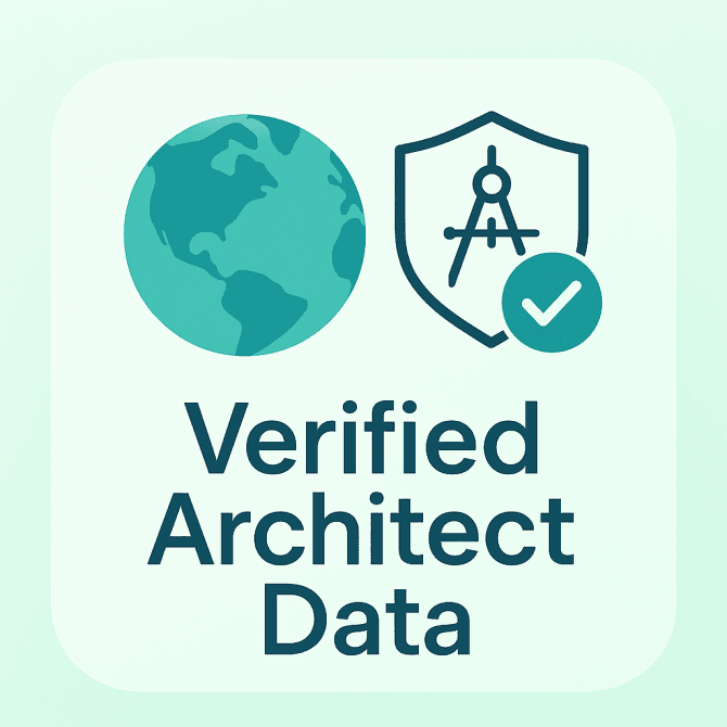 Clean flat-style illustration showing a world globe with an architecture icon and a verified shield, representing global architect company data in CompanyData.com’s brand style.