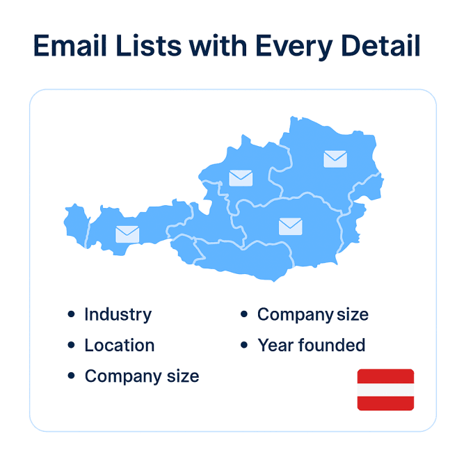 Flat 2D illustration in CompanyData.com blue brand style showing a shield, a map of Austria with Bundesländer outlines, and small email icons representing verified and compliant Austrian mailing lists.