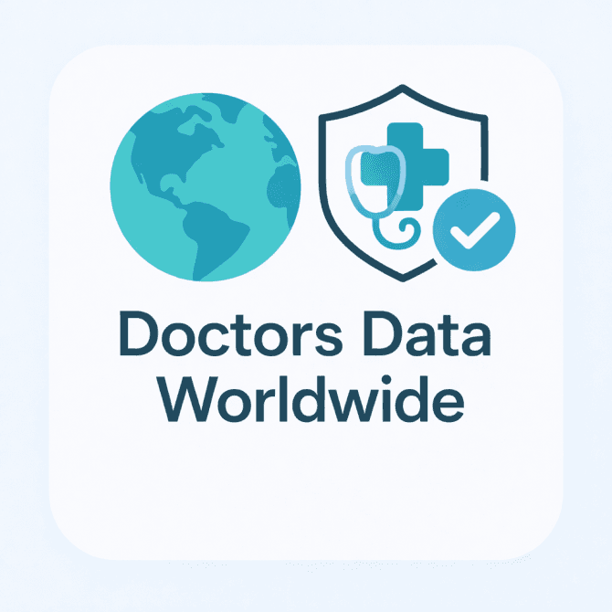 Minimal illustration showing a world globe and a medical cross icon with a trust checkmark, representing a verified overview of doctors worldwide.