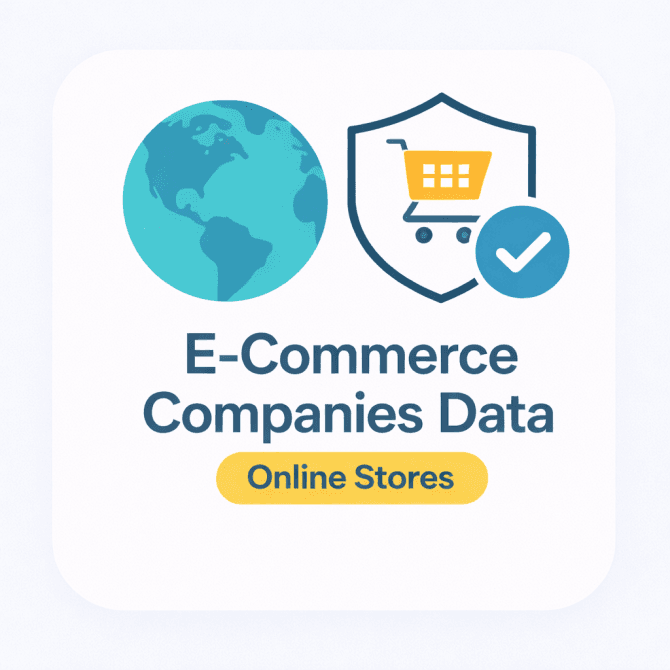 Rounded-edge illustration of a globe and verified shopping cart icon, representing a worldwide B2B e-commerce companies and online stores email list for marketing and outreach.