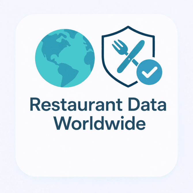 Rounded-edge illustration of a globe and verified restaurant icon with fork and knife, representing a worldwide B2B restaurant email list for marketing and outreach.