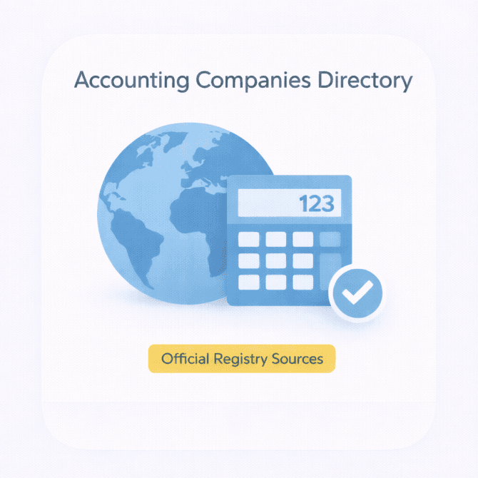 Minimal illustration showing a global accounting companies directory with a world globe, accounting icon, and trust checkmark, based on official registry sources.