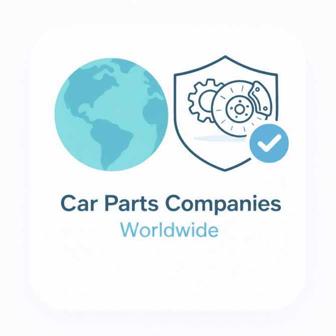 Minimal illustration showing automotive parts icons with a world map and trust checkmark, representing a verified list of car parts companies worldwide from official registry sources.